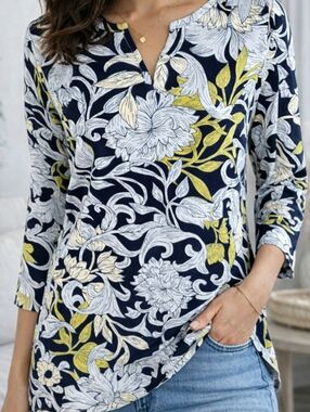 Christopher & Banks Floral Top Size Small Navy White Yellow 3/4 Sleeve Blouse